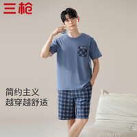 三枪 纯棉男女家居服套装睡衣宽松透气格纹圆领新疆棉短袖短裤舒适 男款-蓝色 2XL