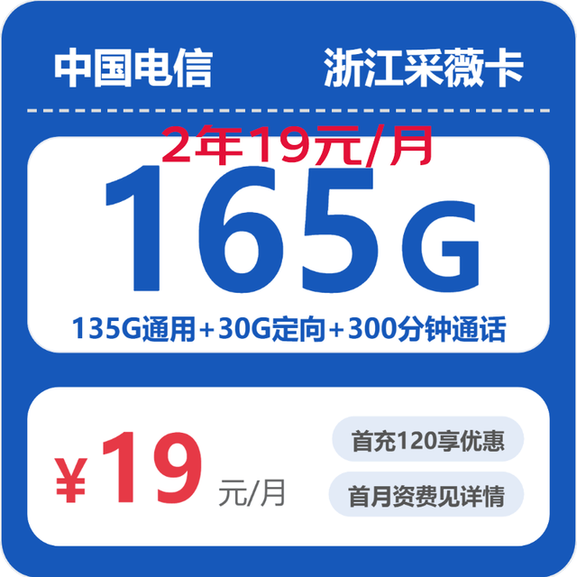 中国电信 2年19元/月165G全国流量300分钟