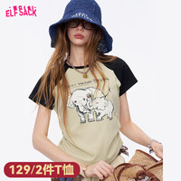 妖精的口袋 印花插肩修身 女士短袖T恤 装乖一下灰黑色 S