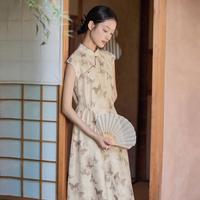 乐町 夏季蝴蝶无袖连衣裙立领大裙摆国风裙
