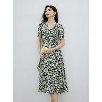 限尺码：红袖 2024夏季女装温柔甜美印花泡泡袖收腰V领套头长款连衣裙