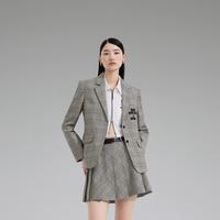 欧时力 春装 英伦风字母绣花学院风格子西装外套女