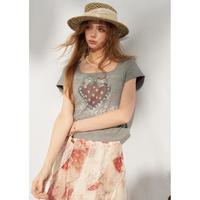 妖精的口袋 2026夏季新款原创草莓涂鸦印花方领短袖t恤抽褶收腰显瘦上衣