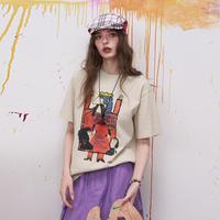 妖精的口袋 2026年夏季新款宽松设计感上衣打底衫复古海报印花短袖t恤女
