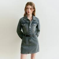 乐町 女士复古纯棉牛仔裙 工装风长袖水洗口袋设计连衣裙