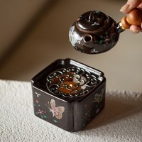 束刻日式黑志野烧粗陶温茶炉底座粉彩蝴蝶酒精炉围炉煮茶煮茶炉