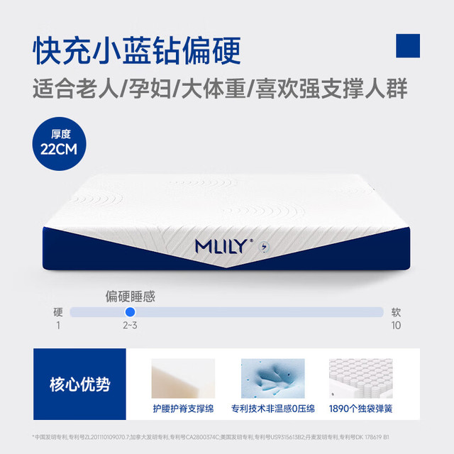 PLUS会员：MLILY 小蓝钻 床垫 1.8m×2m 22cm