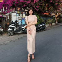 凯恋 新中式短袖改良旗袍 蝴蝶结飘带连衣裙 粉色