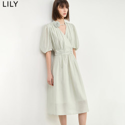 LILY 女装复古泡泡袖连衣裙 303浅绿