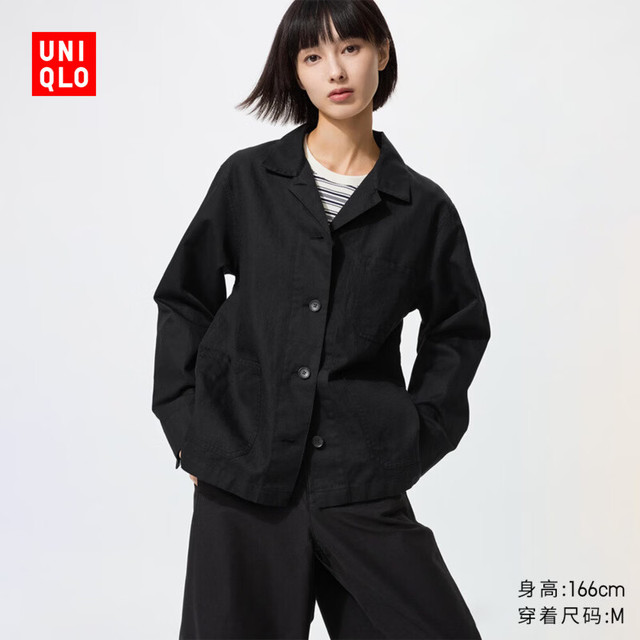 优衣库 482273 棉麻工装茄克 黑色 XS