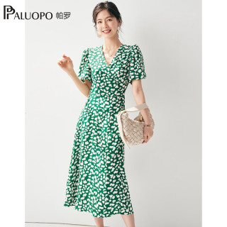 帕罗 夏季新款连衣裙法式显瘦茶歇中长款泡泡袖小个子印花碎花裙子