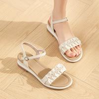 朗姿 不累脚舒适软底百搭外穿夏季一字带配裙子抓皱高级云朵坡跟女凉鞋