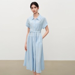 自巧 小个子法式连肩袖莫代尔翻领衬衫裙系带连衣裙2026夏季新品女