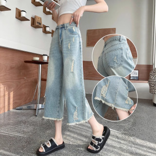 CronetKcnsy 浅蓝色弯刀阔腿牛仔裤女夏季2026潮流百搭新款高腰宽松垂感直筒裤