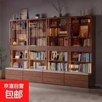 实木卡座书柜书架一体靠墙落地带玻璃门客厅整墙书柜书橱置物柜子 3.2m*1.7m书柜
