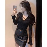 PASS 紫色网纱薄纱夜店风长袖T恤女春季修身v领辣妹性感打底内搭上衣