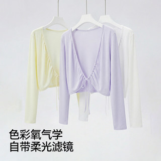 森马 女士短款修身仿麻开衫 淡黄色 2XL
