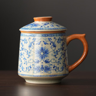 汝窑茶杯带盖茶水分离杯 陶瓷杯 繁花