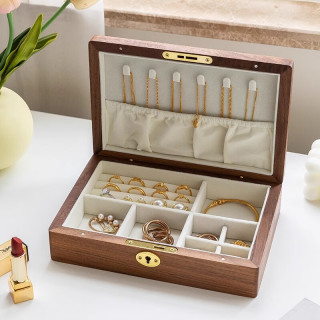 木易 黑胡桃木首饰盒收纳盒高档精致戒指项链手饰品实木质女友新婚礼物 带锁黑胡桃木首饰盒【白绒款】
