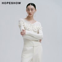 红袖 春季女装 微透拼接花朵装饰V领套头针织衫 89325470106