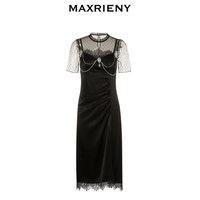 MAXRIENY 鎏金复古赫本风蕾丝连衣裙缎面开叉小黑裙女