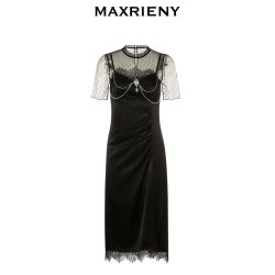 MAXRIENY 鎏金复古赫本风蕾丝连衣裙缎面开叉小黑裙女