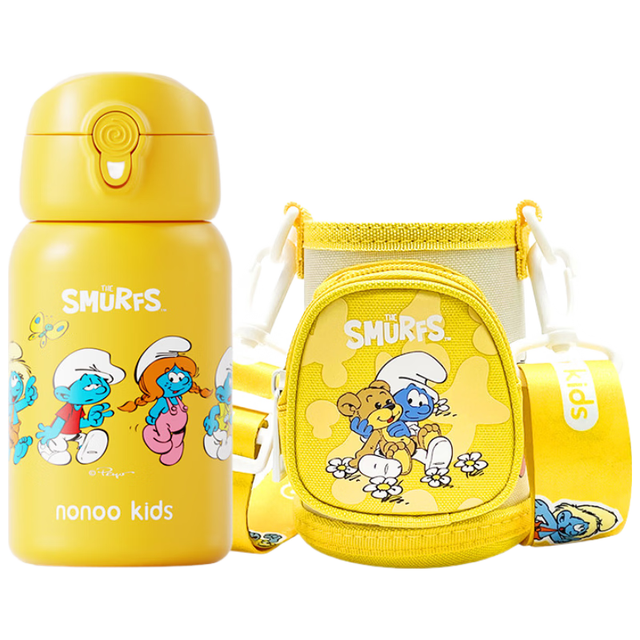 HAERS 蓝精灵儿童保温杯卡通幼儿园小学生吸管水杯316不锈钢 亮黄500ml