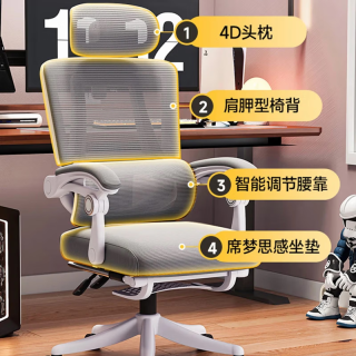 艺菲 人体工学椅 4D头枕+四级防爆气杆+双靠背+加厚坐垫+150度可躺 灰白
