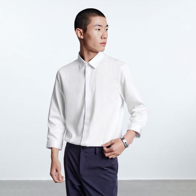 限尺码：太平鸟 男装夏款时尚刺绣休闲七分袖白色男式衬衫