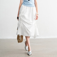 初语 纯色半身裙女 中长款A字松紧腰休闲裙 米白色 M