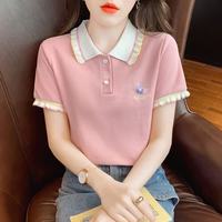 蝴蝶曼 娃娃领钉珠短袖针织T恤 女 粉色 均码