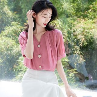 欧莎 树莓粉 V领短袖雪纺衬衫 女 M