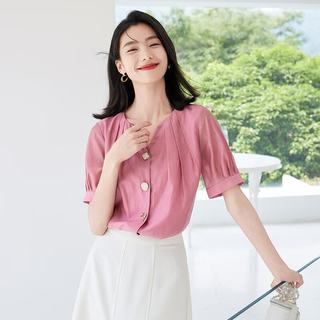欧莎 树莓粉 V领短袖雪纺衬衫 女 M
