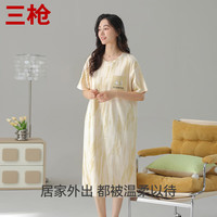 三枪 睡裙女士纯棉植卉印花甜美透气圆领短袖睡衣春夏柔软亲肤家居裙 杏色纹理 XL