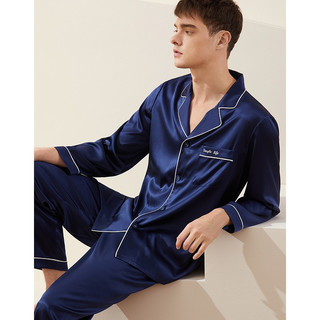 金三塔 100%桑蚕丝睡衣套装 19姆米 藏青 3XL