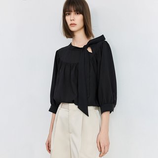 LILY/丽丽 法式飘带领泡泡袖七分袖宽松雪纺衫