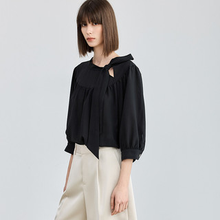 LILY/丽丽 法式飘带领泡泡袖七分袖宽松雪纺衫