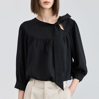 LILY/丽丽 法式飘带领泡泡袖七分袖宽松雪纺衫