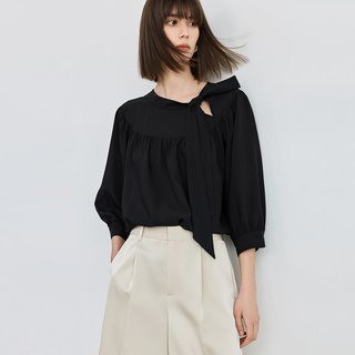 LILY/丽丽 法式飘带领泡泡袖七分袖宽松雪纺衫
