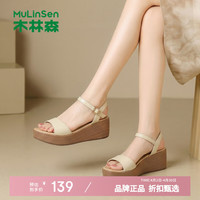 木林森 女鞋休闲坡跟增高凉鞋 夏季一字带凉鞋运动百搭优雅女士高跟凉鞋