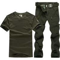 绿依舍 夏季迷彩服短袖t恤套装男透气宽松军绿野战两件套薄款工作服