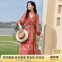 移动端、京东百亿补贴：尚都比拉 女神范印花连衣裙 红花 L