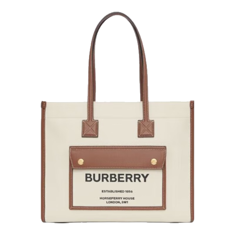 BURBERRY/博柏利 Freya 小号双色帆布拼皮革托特手提包