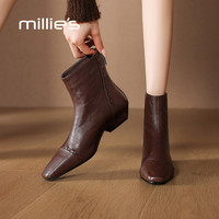 Millie's 女士羊皮法式显瘦粗跟短靴 加绒时装靴