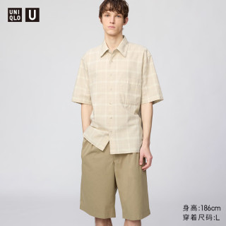 优衣库 482498 箱型格子短袖衬衫 米色 3XL