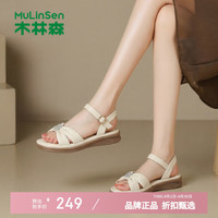 木林森 女鞋休闲蝴蝶结坡跟凉鞋 夏季轻便一字带凉鞋运动优雅女士凉鞋子