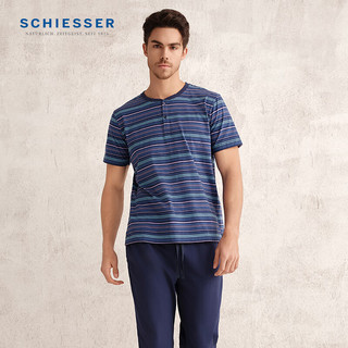 SCHIESSER/舒雅 男士纯棉亨利园领条纹印花家居服套装 深宝蓝 XL