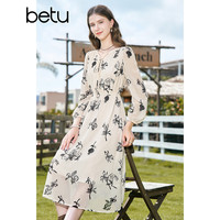 百图 女装 秋季新款连衣裙V领正肩长袖X型印花连衣裙 女2308T85 杏色 S