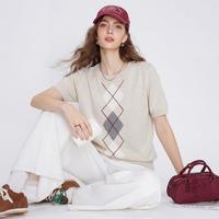 Esprit 女士复古撞色菱格短袖针织衫