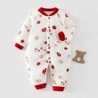 婧麒 新生婴幼儿衣服秋冬保暖夹棉连体衣小月龄宝宝无骨外出哈衣秋